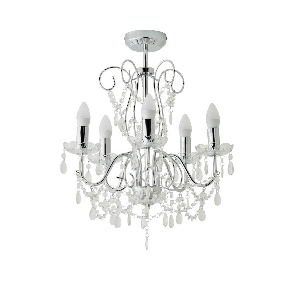 image 1 of ValueLights 5 Way Silver Chrome Ceiling Light Chandelier With Lead Crystal Droplets | Chrome