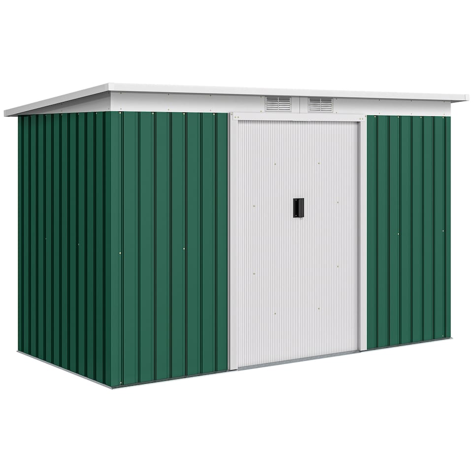image 1 of Outsunny 9ft x 4ft Metal Garden Shed, Outdoor Tool House with Foundation Kit, Ventilations and Double Doors, Deep Green