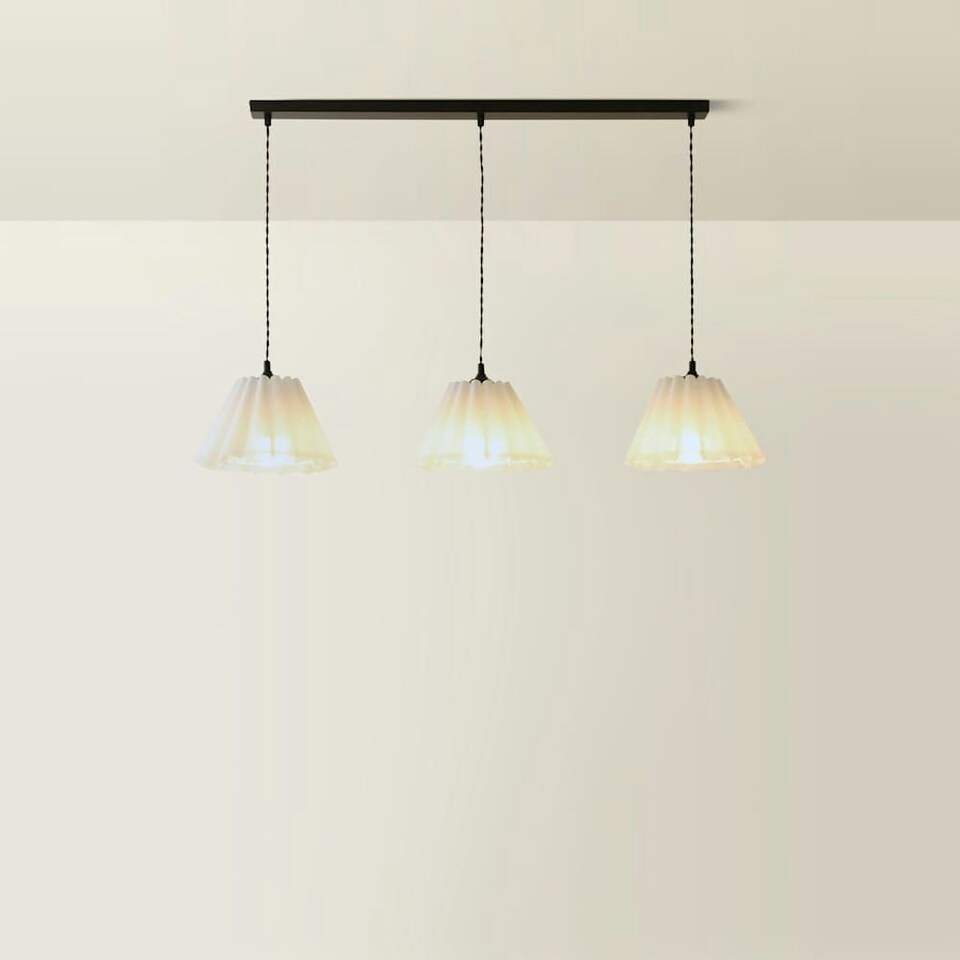 image 1 of ValueLights Lauren White Pleated Shade 3 Drop Bar Matte Black Diner Ceiling Pendant Light | Black