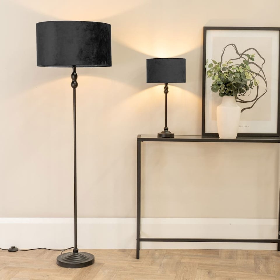 image 1 of ValueLights Maggie Black Candlestick Table Lamp Black Velvet Shade | Black