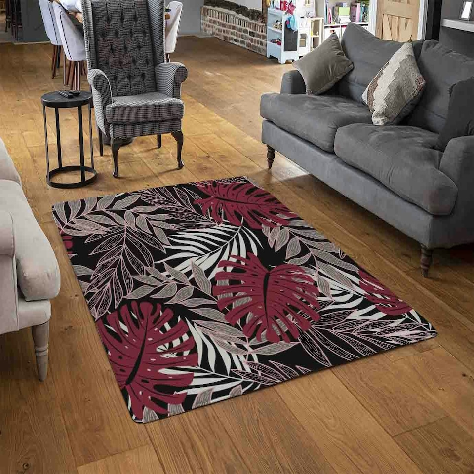image 1 of Tropical Leaves in Red, White & Grey (Rug) Multi | XL: 160x230cm
