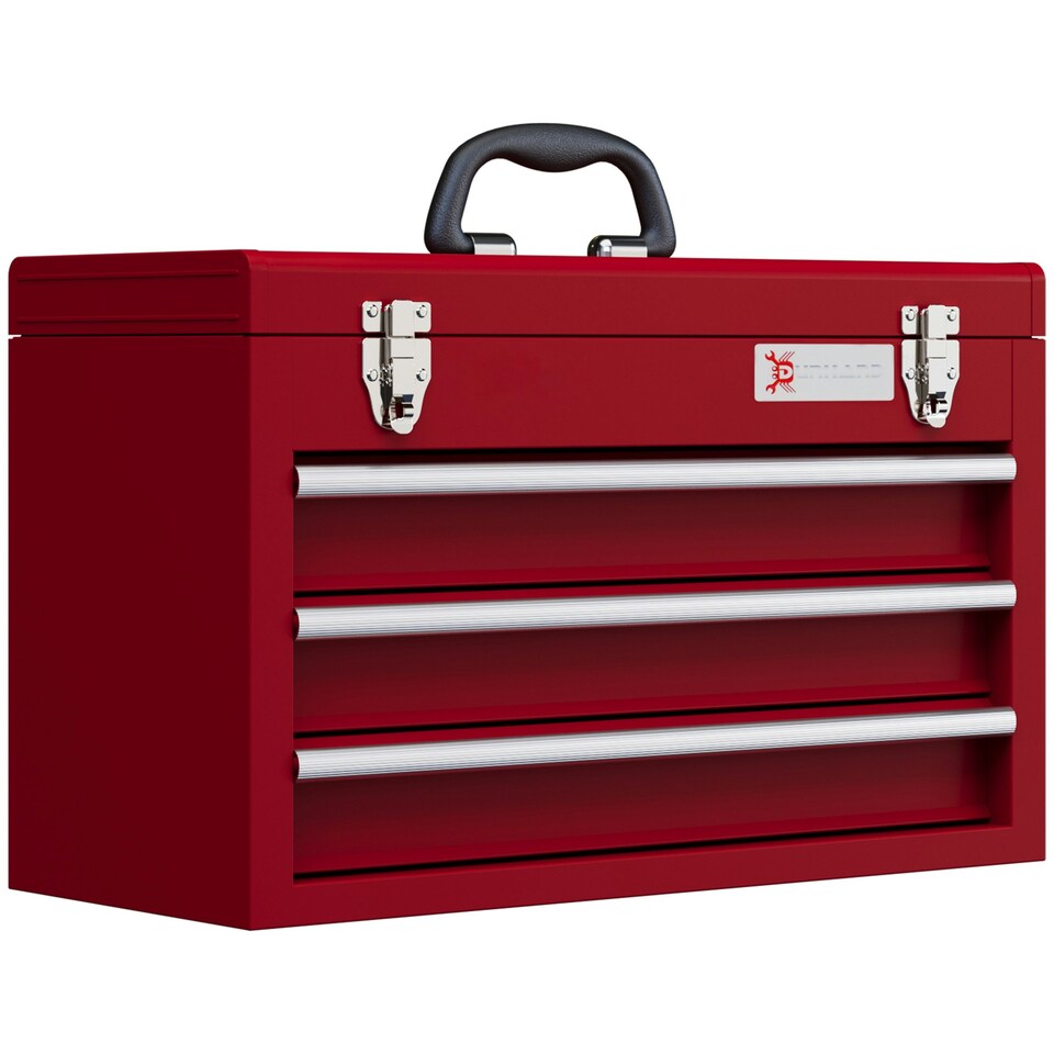 image 1 of DURHAND Lockable 3 Drawer Tool Chest with Ball Bearing Slide Drawers Red | Red | 51L x 22W x 32H cm | 1