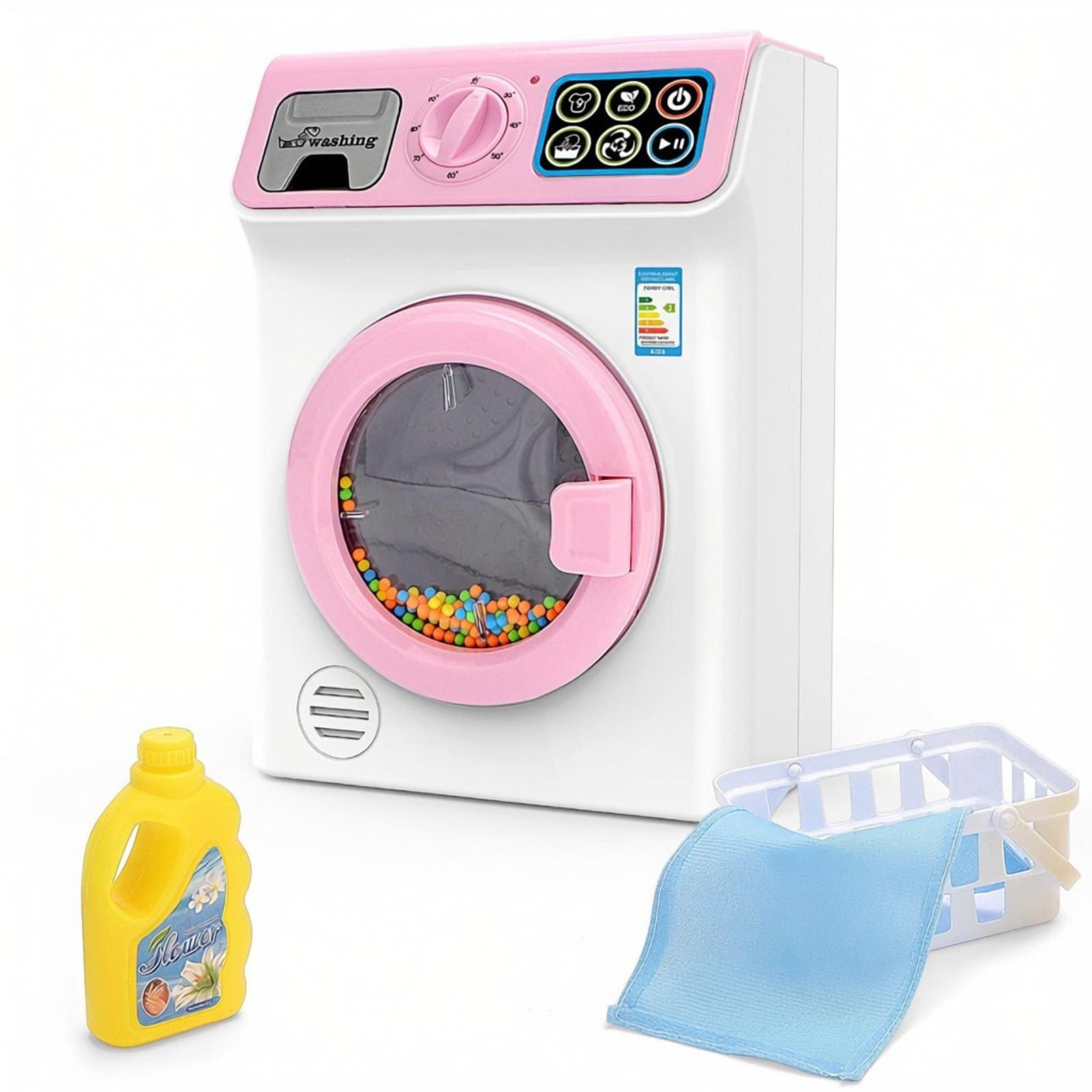 Kids Washing Machine Toy with Lights, Sounds & Spinning Drum – Pretend Play Laundry Set with Detergent Bottle, Basket & Accessories, Educational Gift Ages 3+ (pink)