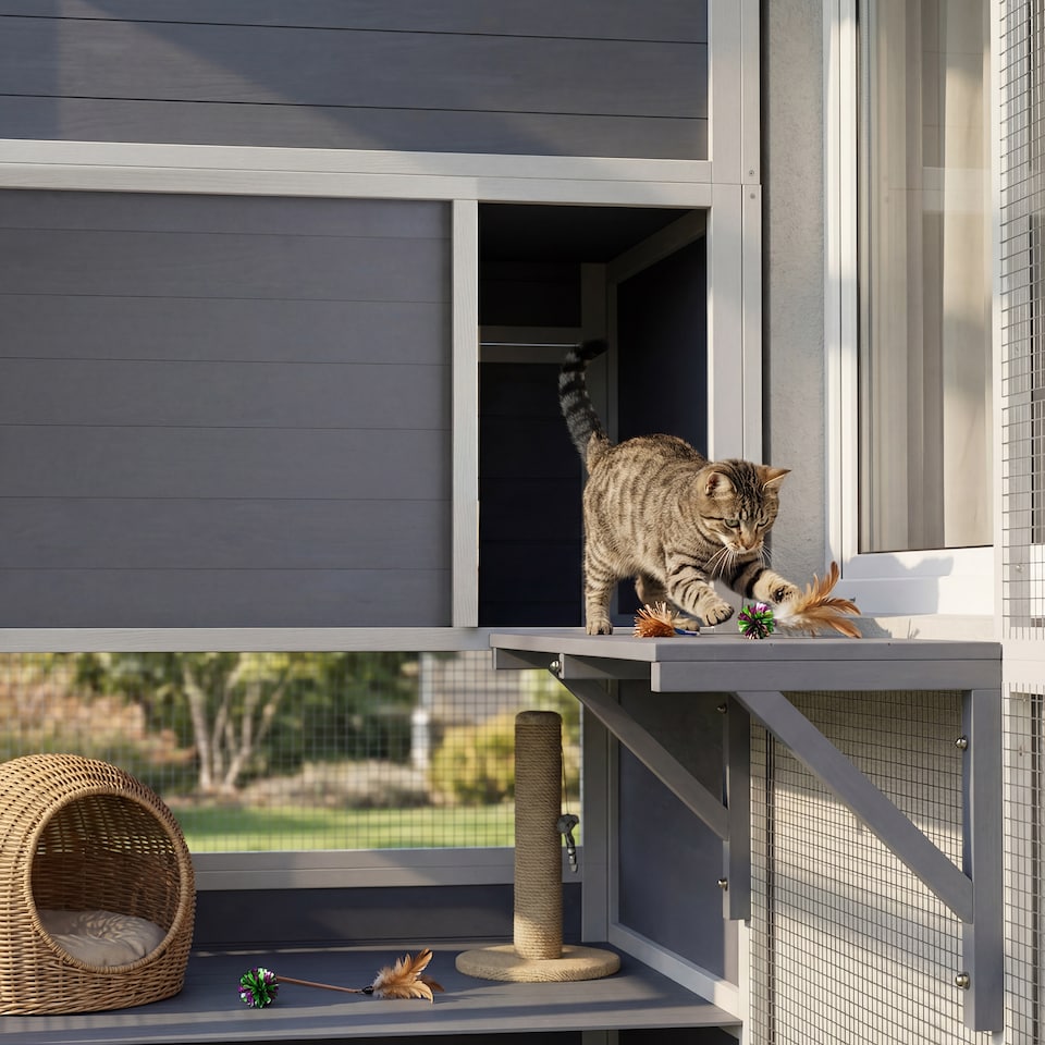 image 1 of PawHut Wooden Catio with Spacious Resting Rooms, 3 Platforms, Window, Grey