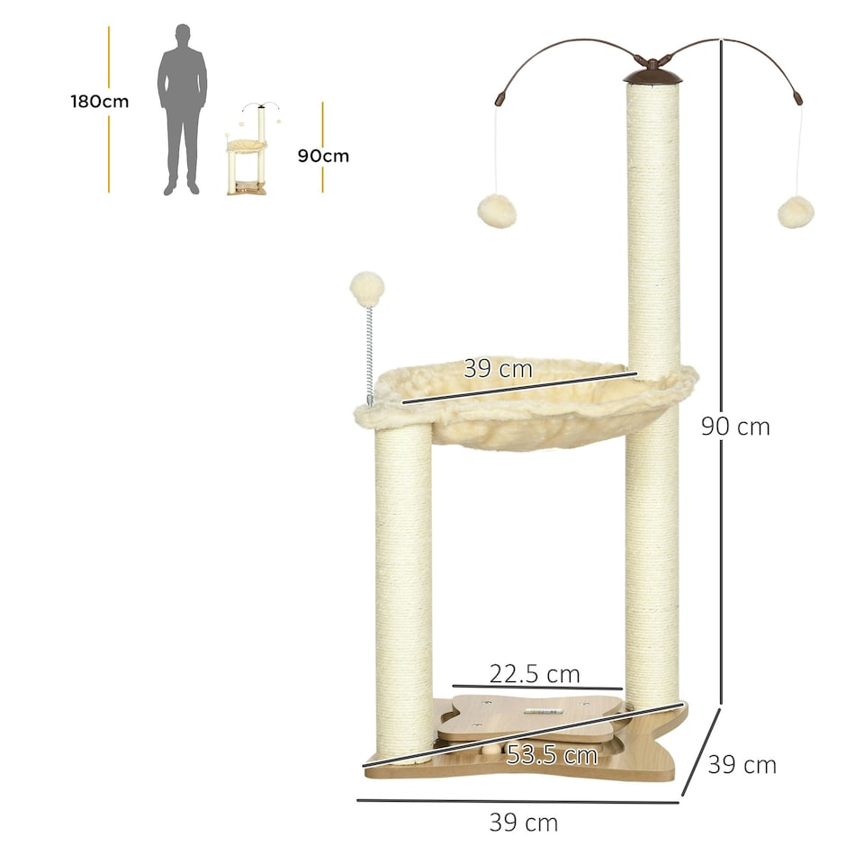 image 1 of PawHut 90cm Cat Tree Tower with Bed, Toy Ball, Scratching Post, Beige