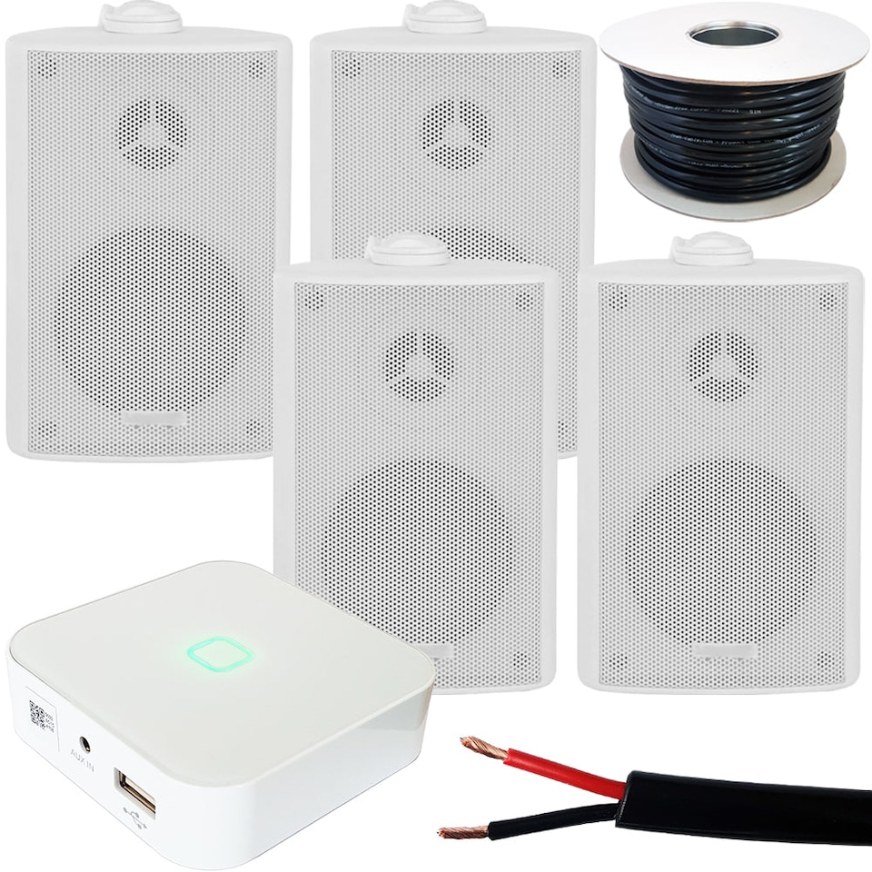 image 1 of 80W Mini WiFi Stereo Amplifier & 4x 60W 3" White Outdoor Wall Speaker System