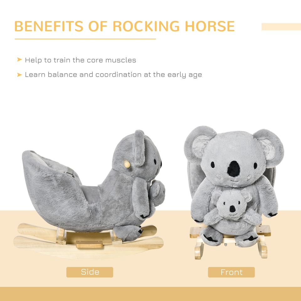 image 1 of HOMCOM Kids Plush Ride-On Rocking Horse Koala-shaped Toy w/ Gloved Doll Grey