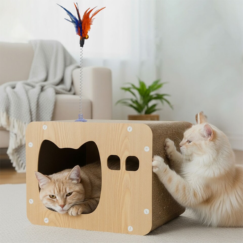 image 1 of Skylos Cat Scratching Post Cardboard House with Toy Indoor Cat Scratcher