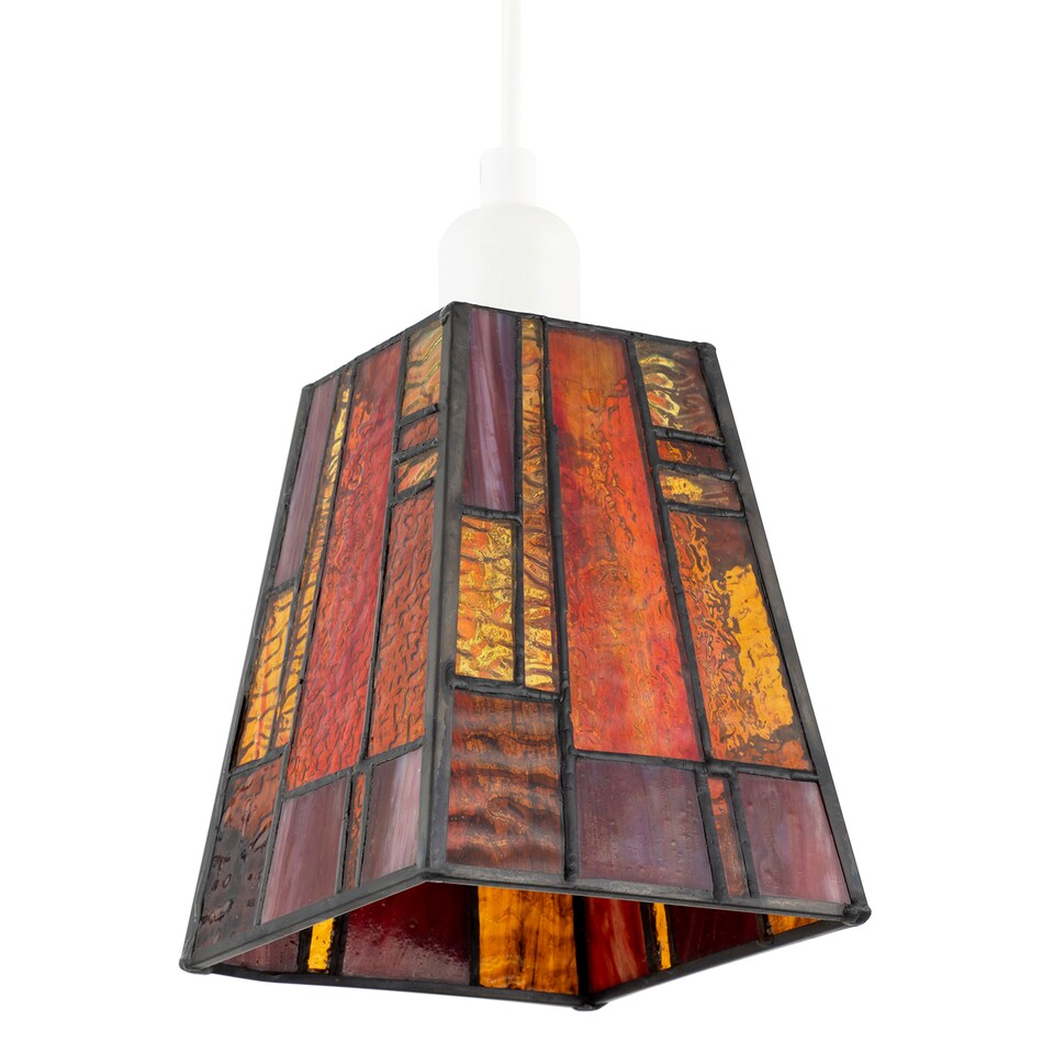 image 1 of Art Deco Tiffany Glass Pendant Shade with Orange and Amber Panels