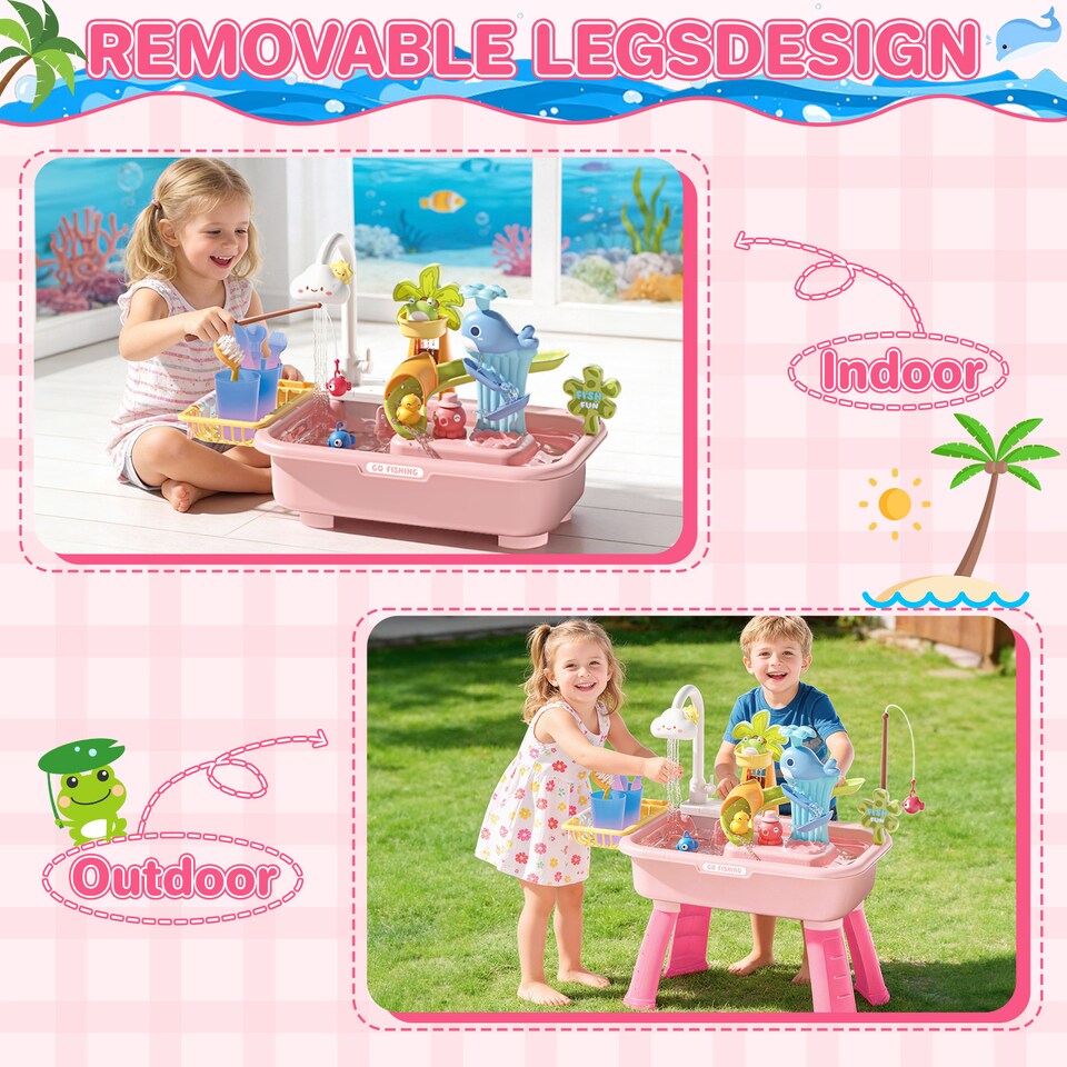 image 1 of 2 in 1 Beach Table & Simulation Kitchen Sink Toy Set with Water Supply Function and Color-Changing Tableware - Pink