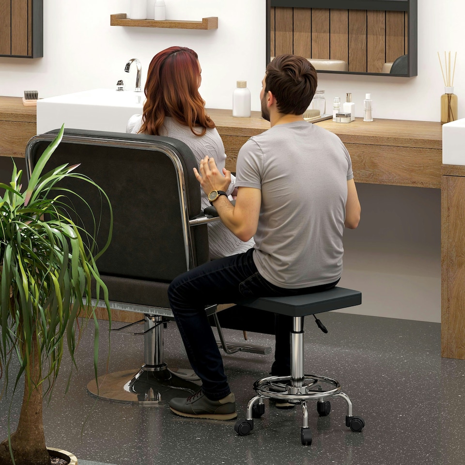 image 1 of HOMCOM PU Leather Rolling Stool, Height Adjustable Salon Chair, Black Black | Black