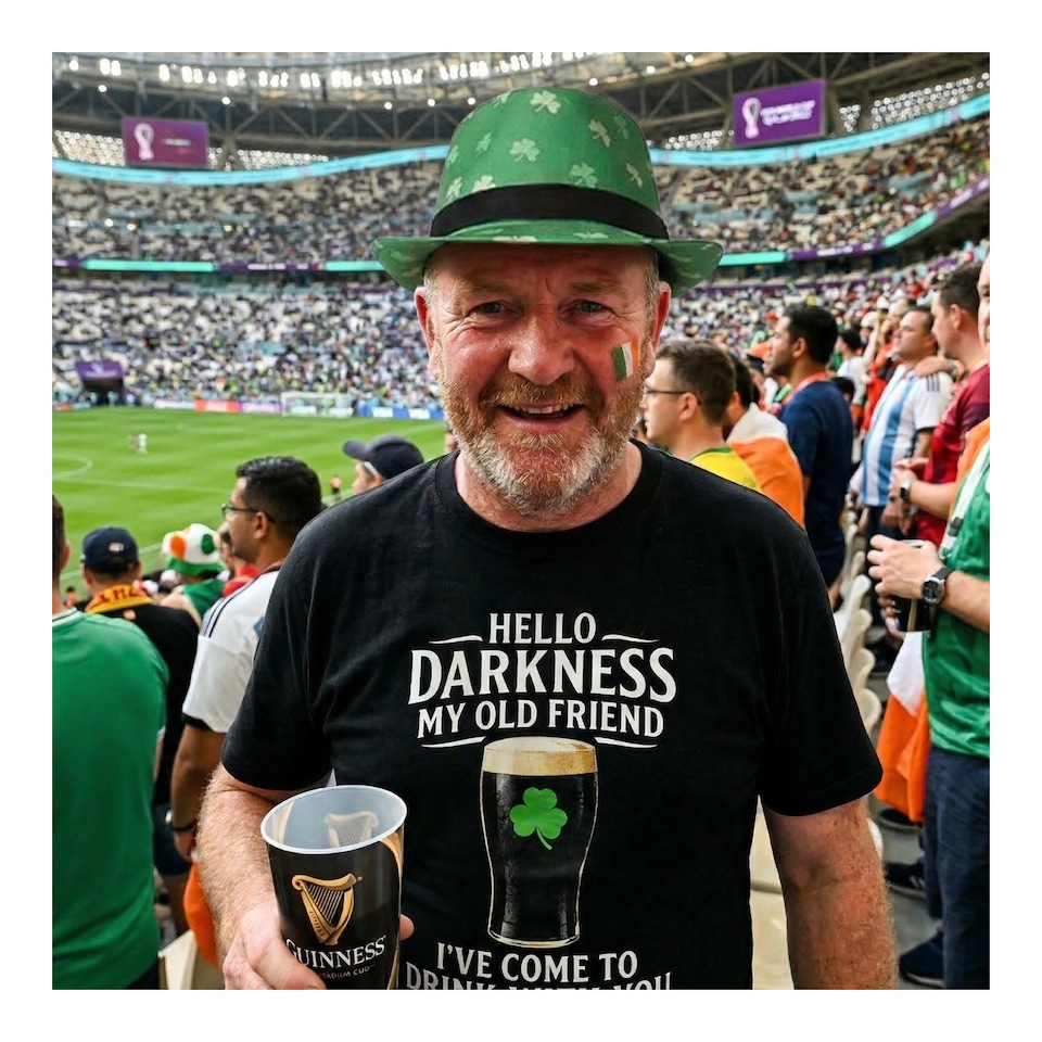 image 1 of St Patricks Black Tshirt with Hello Darkness in White & Irish Trilby | Multi | XL