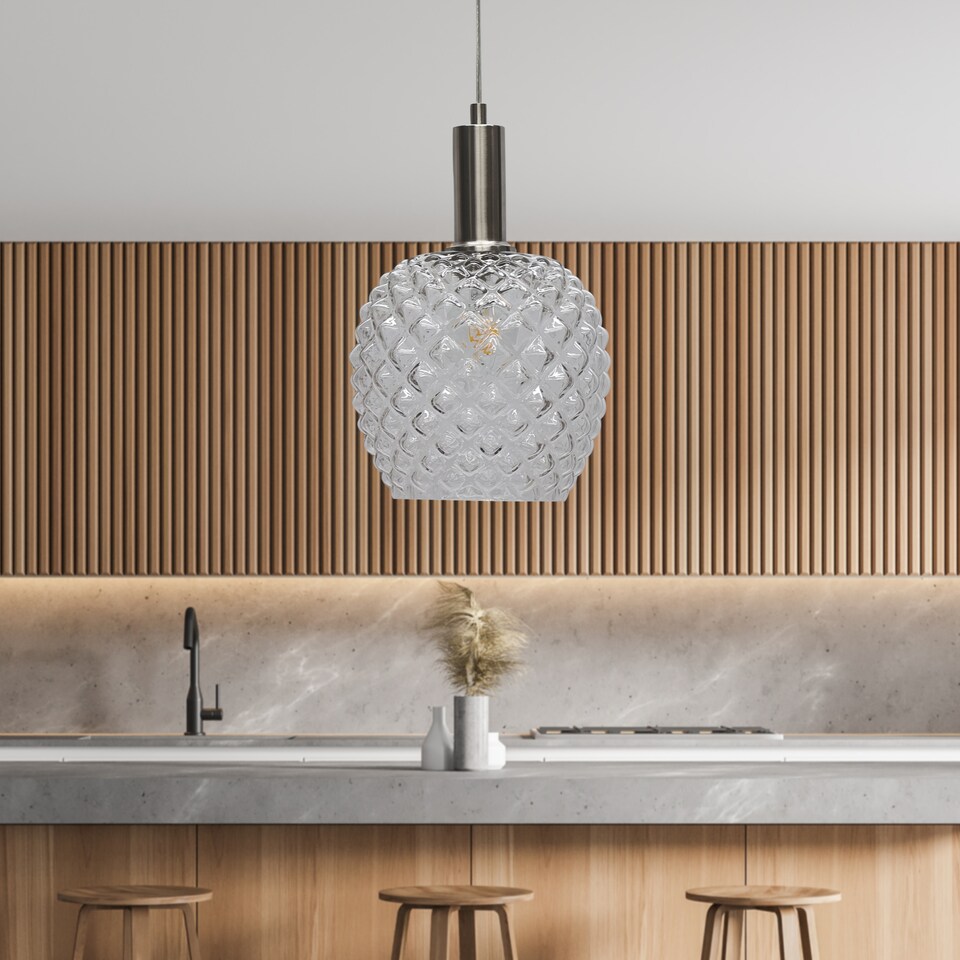 image 1 of Baine - Clear Textured Glass Satin Nickel Deco Pendant Fitting