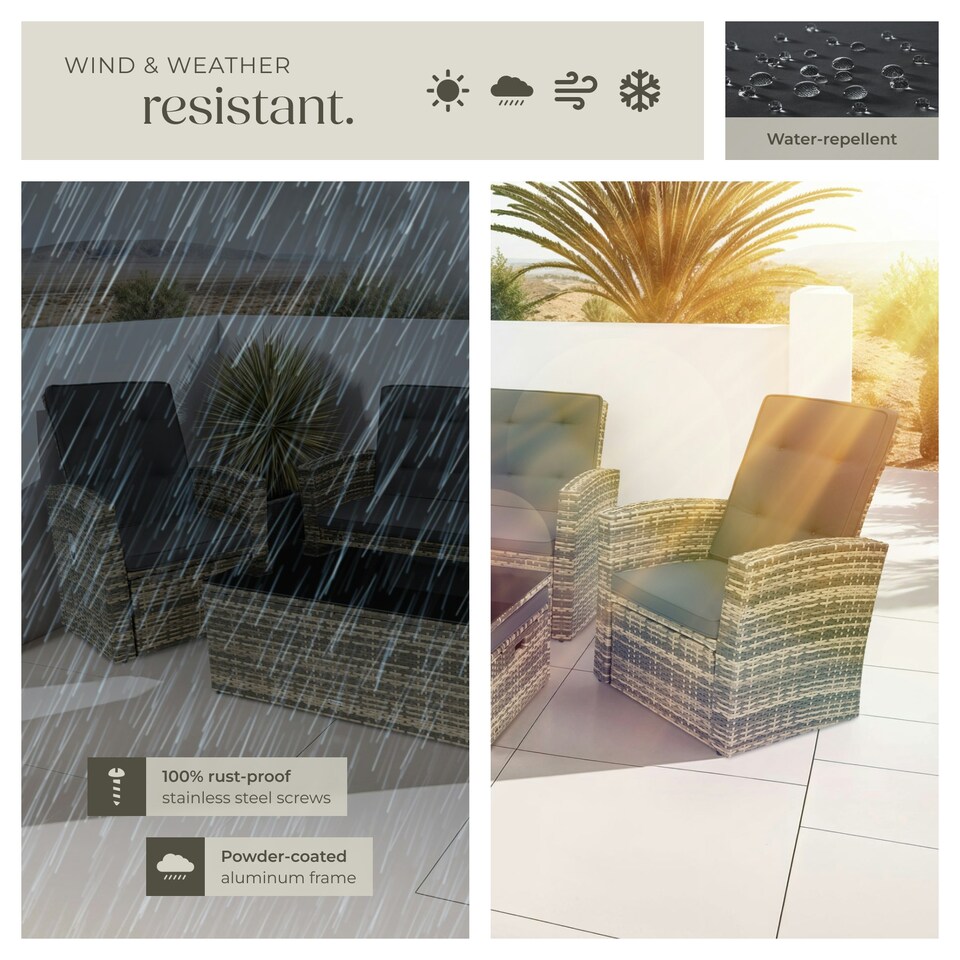 image 1 of Garden Furniture Set Bari - outdoor sofa, 2 reclining armchairs, 2 footstools, table - Nature