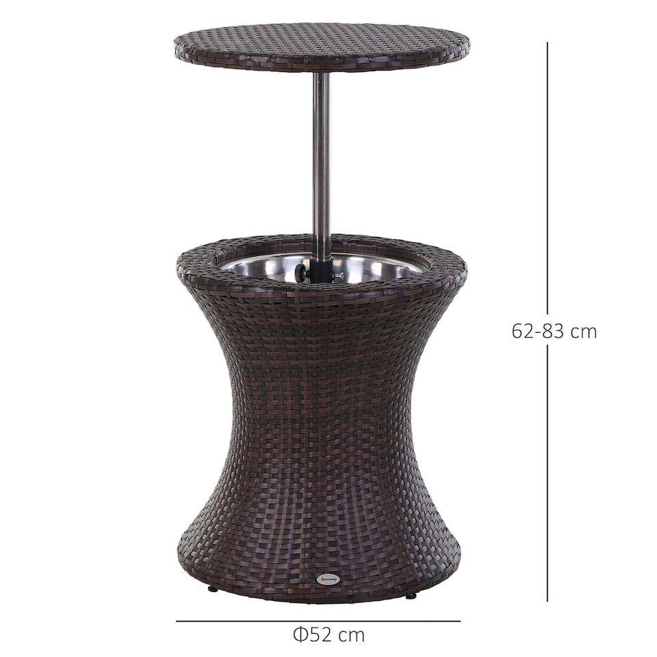 image 1 of Outsunny PE Rattan Ice Bucket Table, Height Adjustable Liftable Outdoor Drinks Cooler, 52 cm Round Garden Beer Cocktail Table with Lid for Bar, Patio, Terrace, Brown