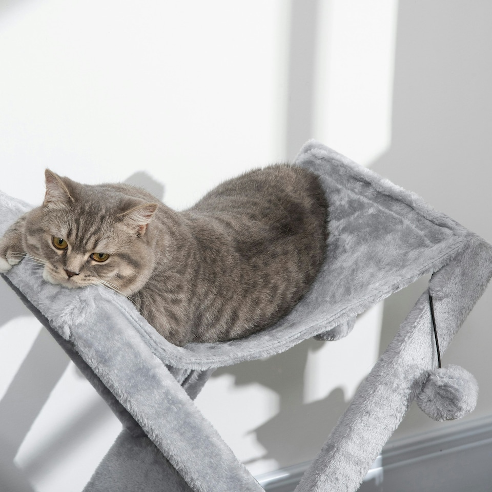 image 1 of PawHut Two Tier Plush Folding Cat Tree Tower with Scratching Post Grey