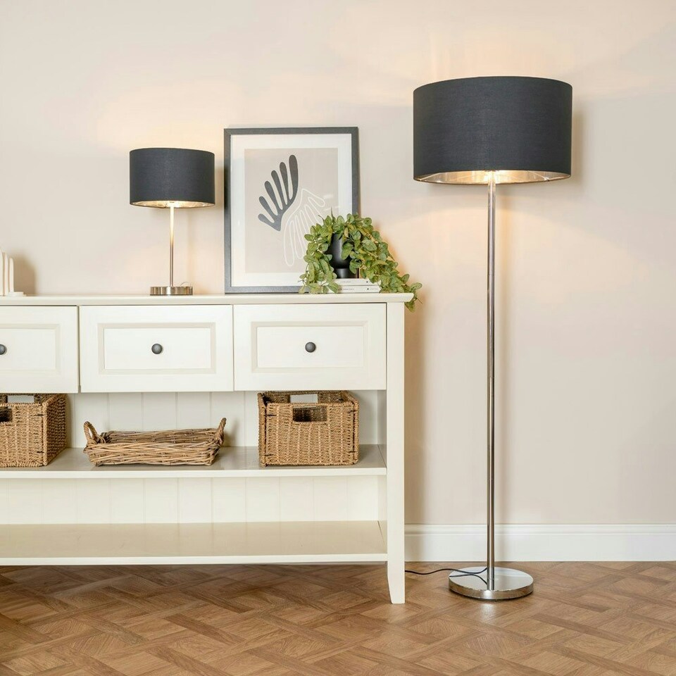 image 1 of ValueLights Charlie Chrome Floor Lamp Black Chrome Shade & Bulb