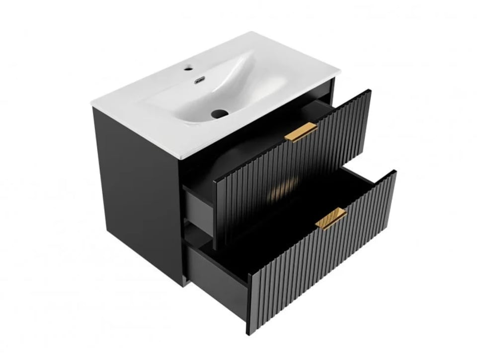 image 1 of Bathroom Vanity Unit with Basin 800mm Ribbed Textured Black Modern Wall Hung Floating - Adel