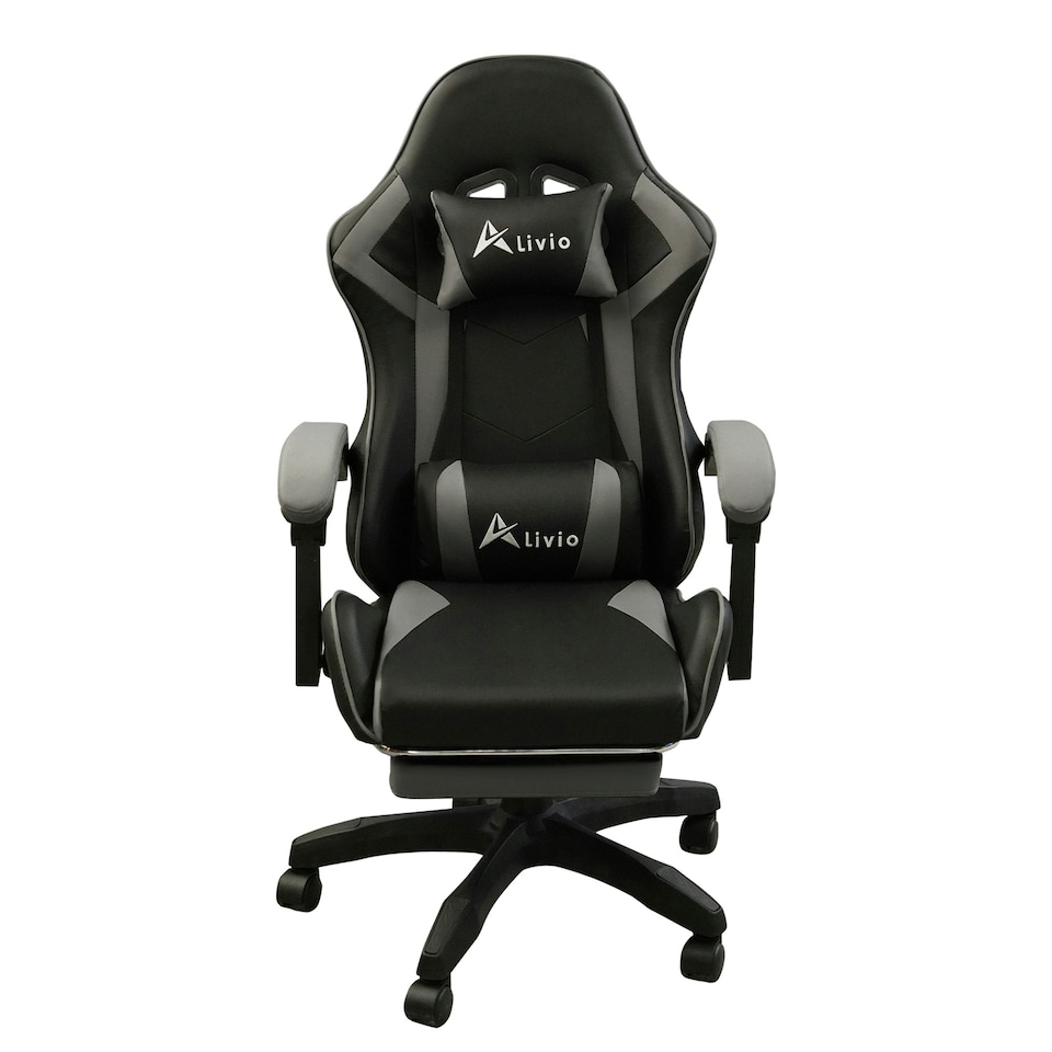 image 1 of 360 Degree Swivel Gaming Chair with Footrest Lumbar Support Back Support - Grey