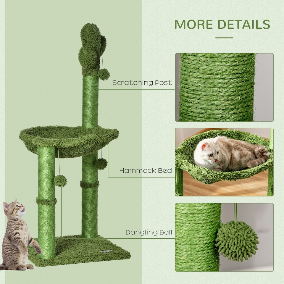 image 1 of PawHut Cactus Cat Tree Tower with Sisal Scratch Post Hammock, 96cm, Green