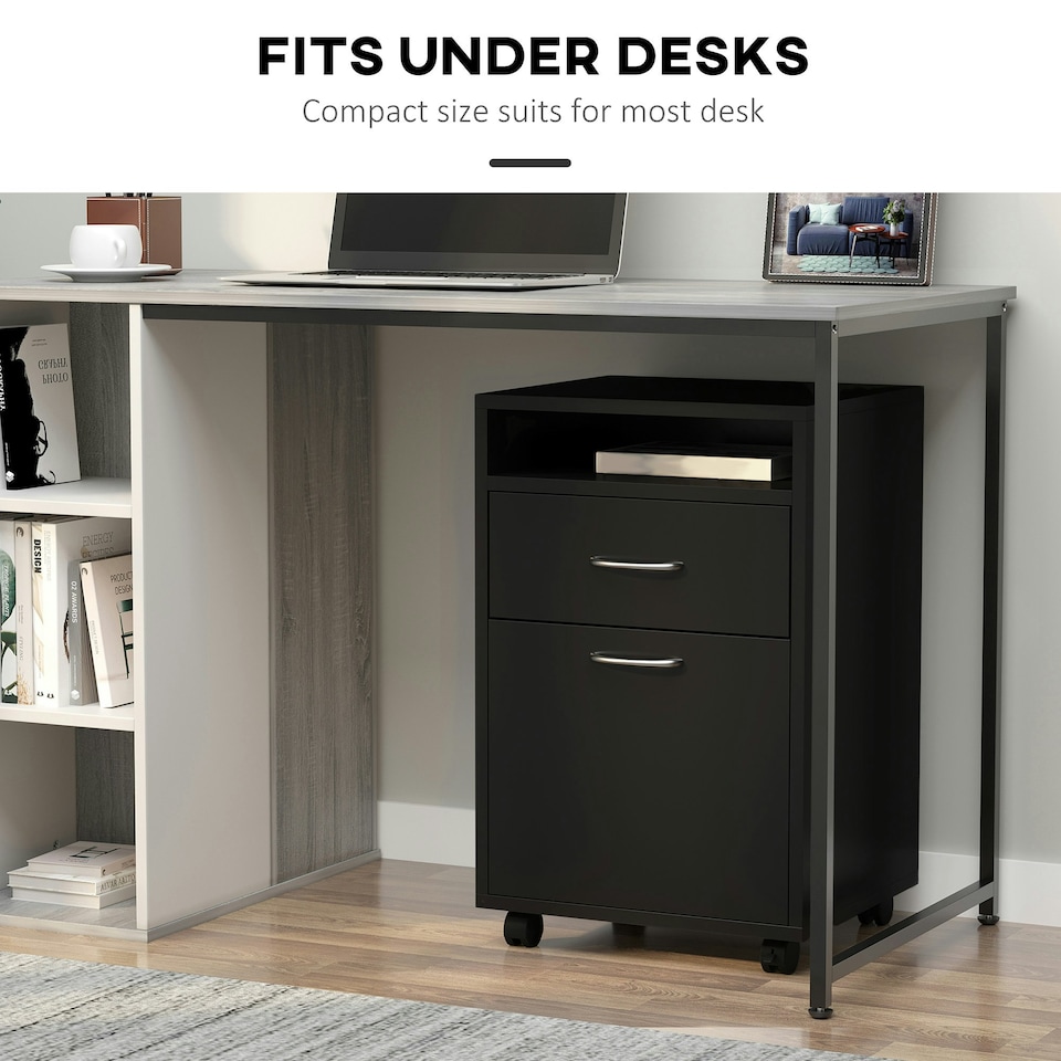 image 1 of HOMCOM  Filing Cabinet with Drawers and Open Shelf, 60cm, Black