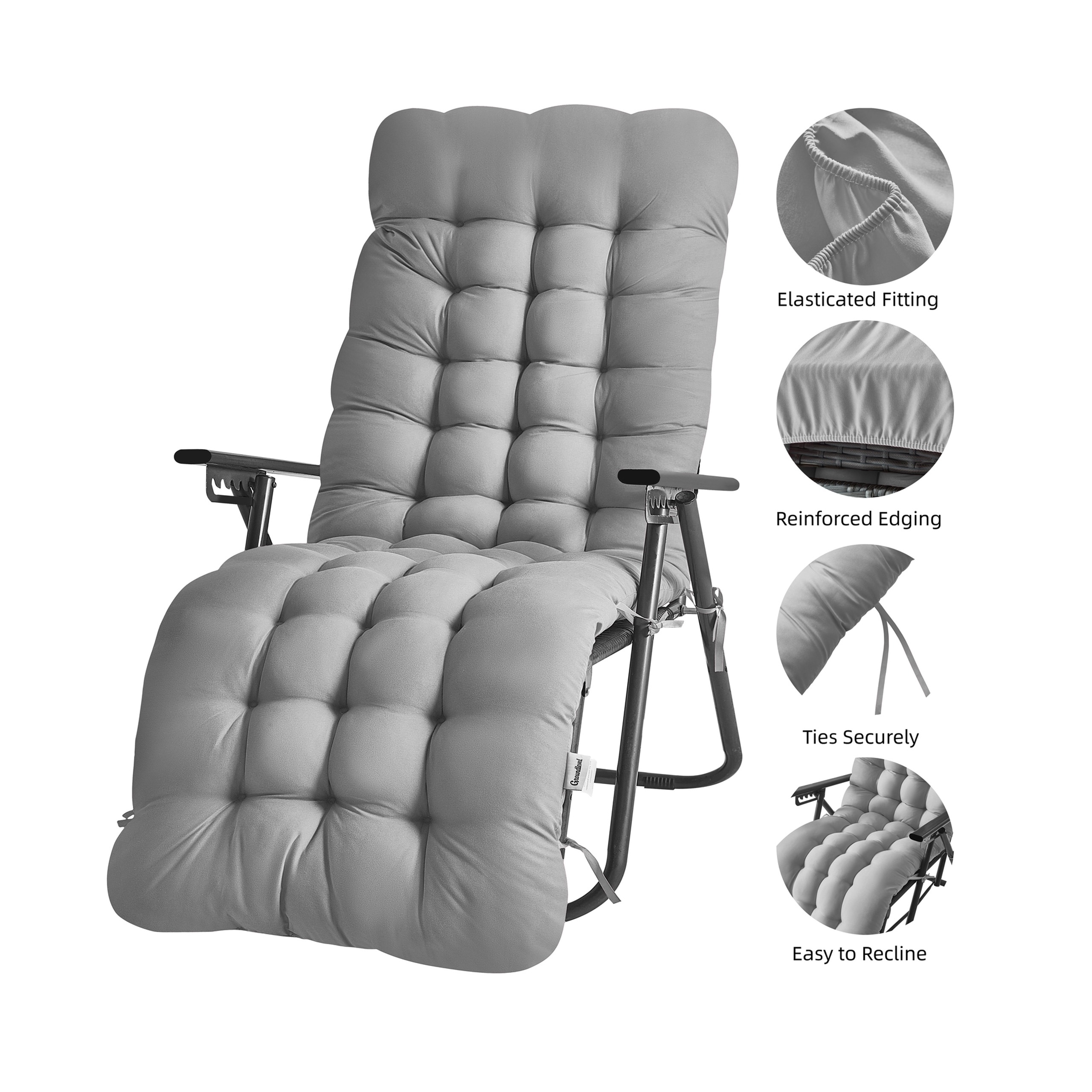 Groundlevel Extra Thick Soft Fill Full Length Garden Lounge Recliner Chair Cushion | Silver | Silver
