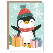 Happy Penguin With Winter Hat And Presents For Child Kids Xmas Festive Christmas Card