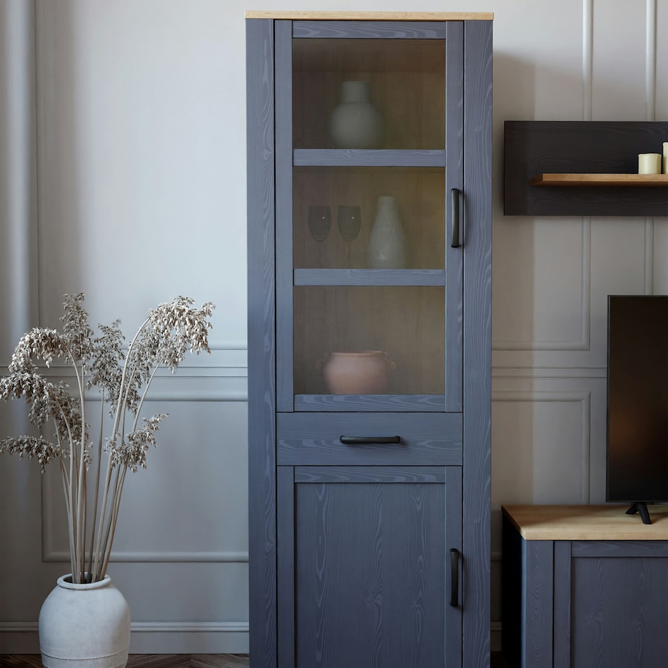 image 1 of Bohol Narrow Display Cabinet inc. 2x LED Lights in Riviera Oak/Navy