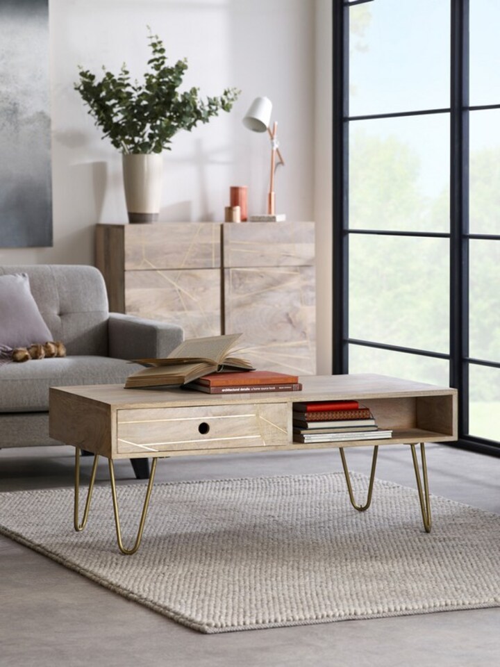 image 1 of Light Gold Rectangular Coffee Table with Drawer - Solid Mango Wood - L60 x W110 x H45 cm