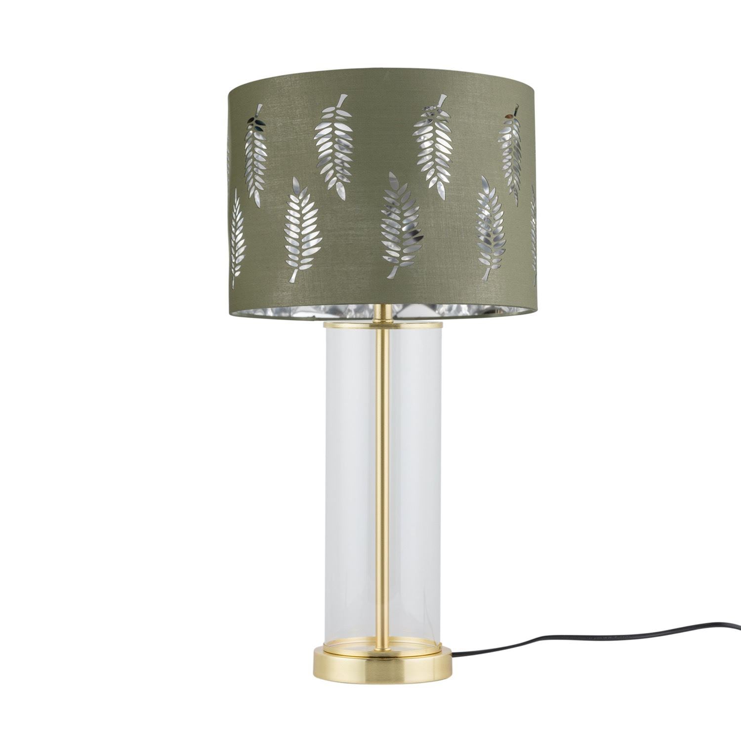 First Choice Lighting Aura - Satin Brass Table Lamp with Sage Green Fern Silver Shade in Gold