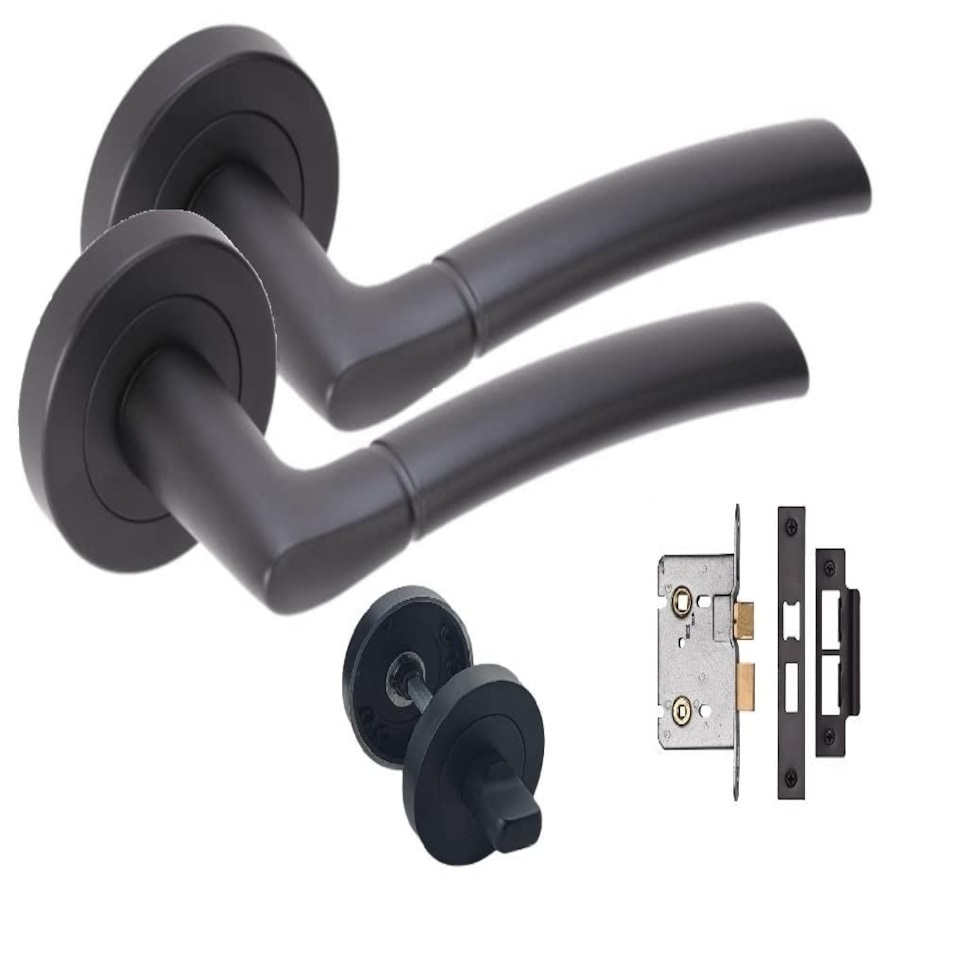 image 1 of Golden Grace Indiana Style Modern Bathroom Lever Latch Door Handles Set on Round Rose in Matt Black Finish Black