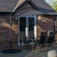 image 2 of Outdoor 6 Person Rectangular Glass Top Garden Dining Table Chairs With Black Banana Parasol and Base