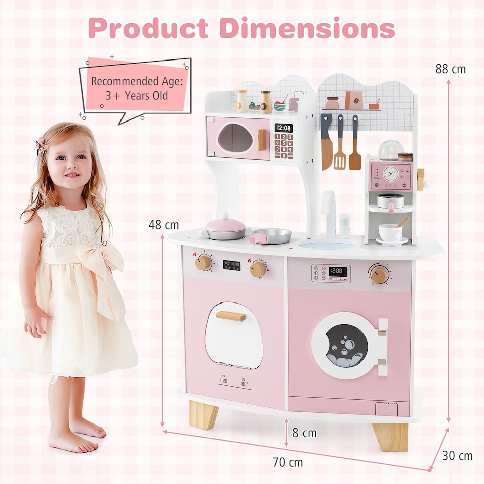 image 1 of COSTWAY Wooden Kids Kitchen Playset Pretend Play Kitchen With  Coffee Maker-Pink
