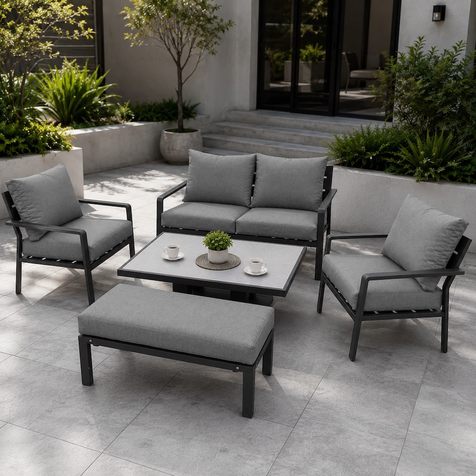 image 1 of 4 Seater 5 Piece Aluminium Garden Sofa Dining Set with Gas Lift Table, Ottoman Bench & Grey Cushions