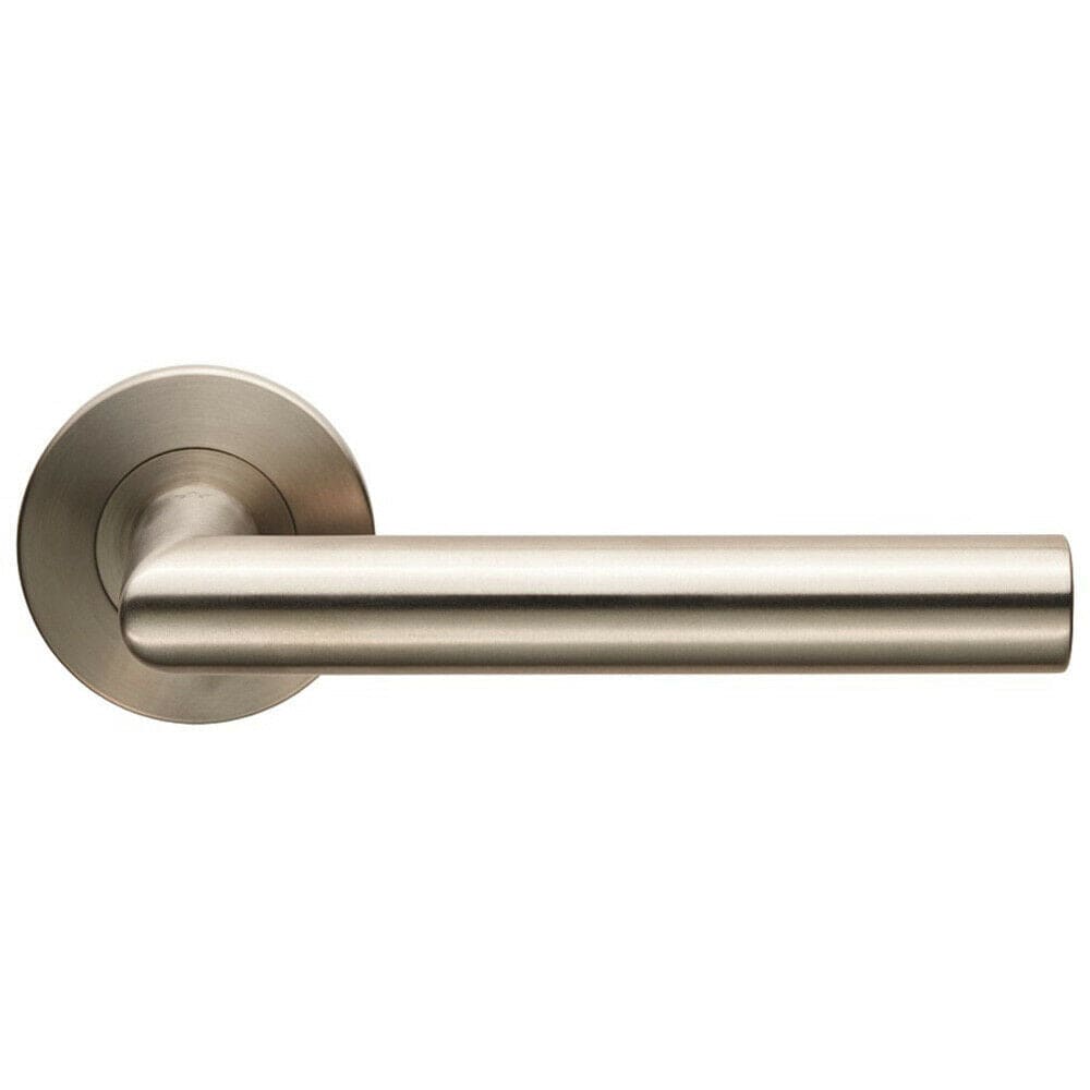 Loops PAIR Straight Mitred Bar Handle on Slim Round Rose Concealed Fix Satin Steel in Metallics