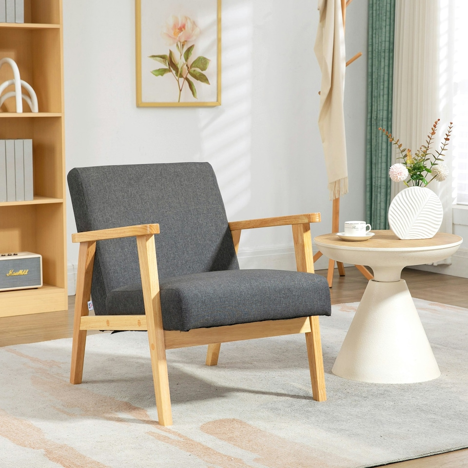 image 1 of HOMCOM Modern Fabric Accent Chair w/ Rubber Wood Legs Padded Grey