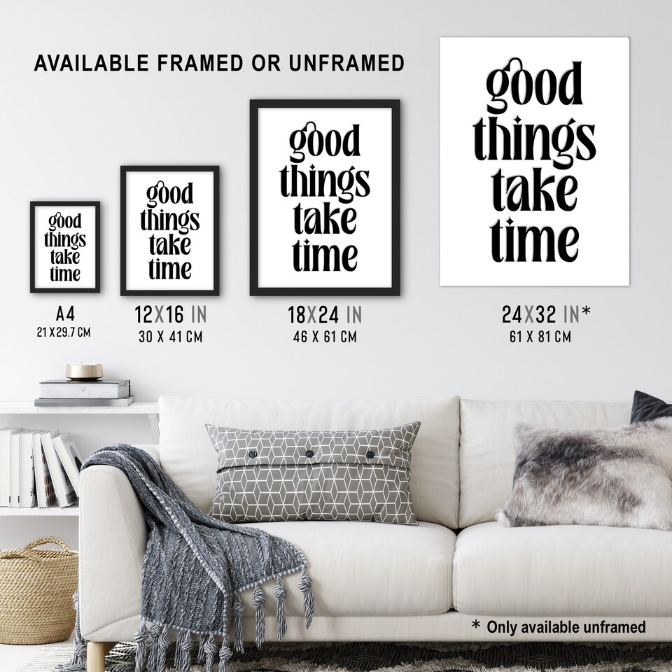 image 1 of Good Things Take Time Black White Bright Simple Wall Art Print 12x16 In