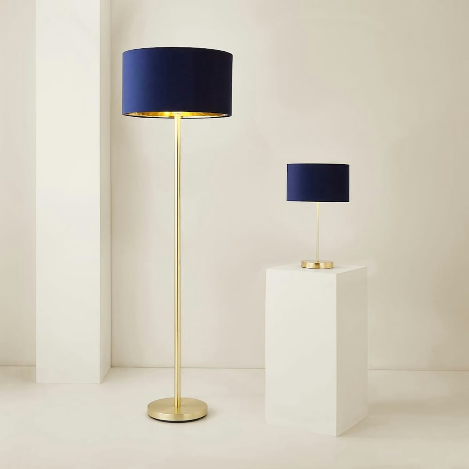 image 1 of ValueLights Charlie Gold Table Lamp Navy Velvet Gold Inner Shade Blue