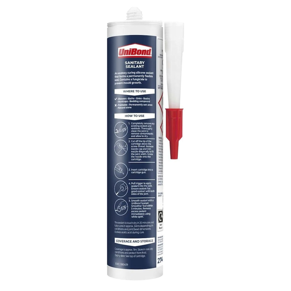 image 1 of UniBond Mould Resistant Sanitary Sealant Cartridge Translucent, 274 g