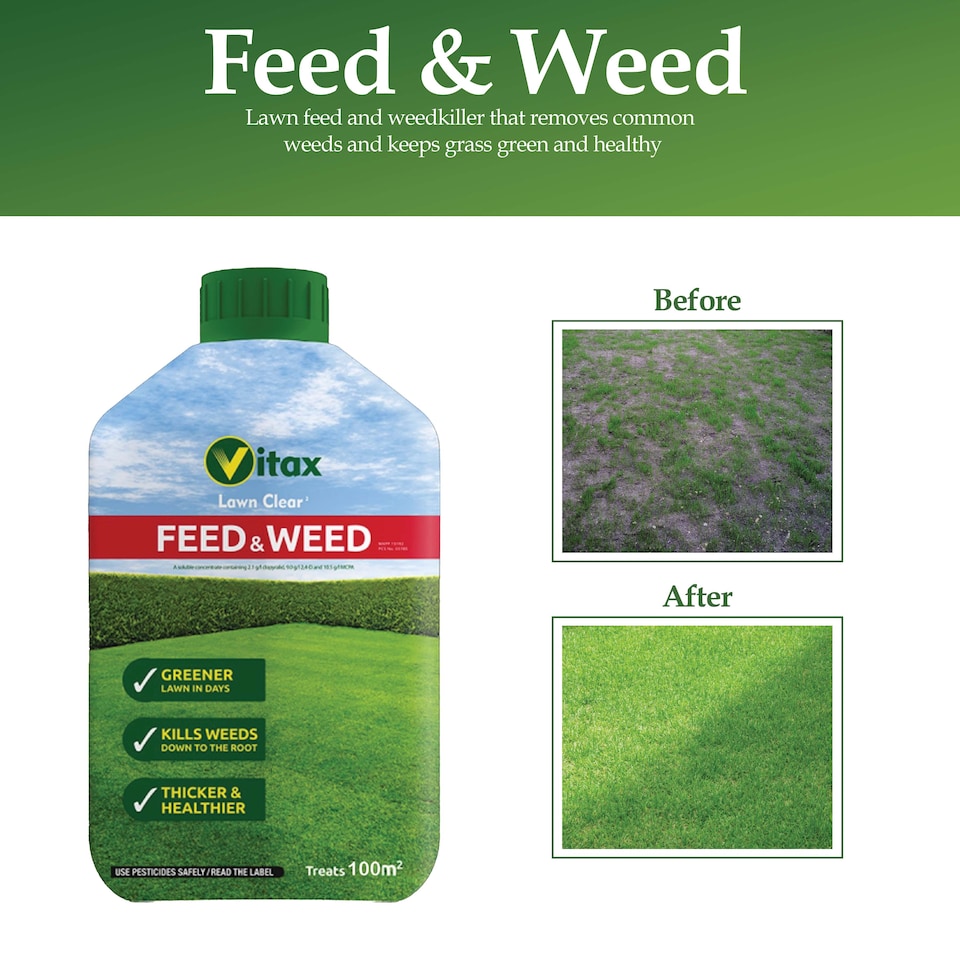 image 1 of Vitax Feed & Weed 500ml Lawn Fertiliser & Weed Control for Strong Healthy Lush Green Lawn with Dense Growth Covers 100 Square Metres