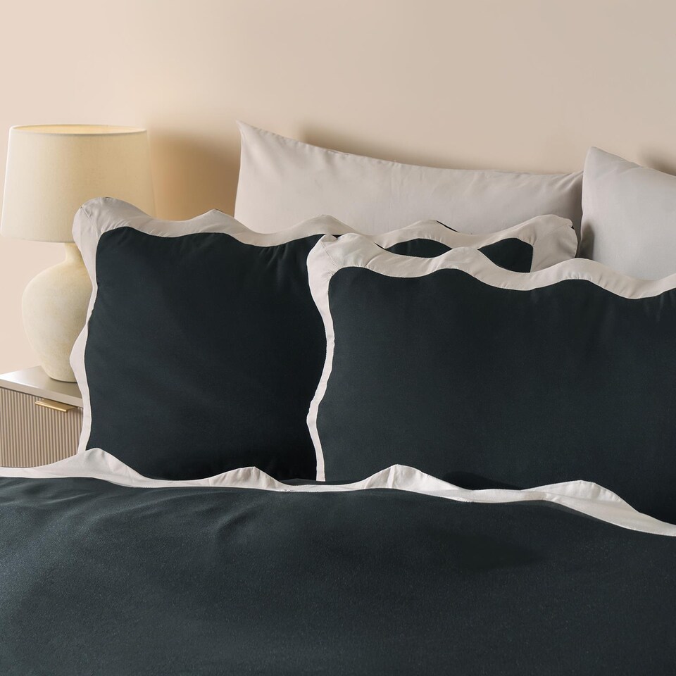 image 1 of OHS Wavy Edge Bedding Set Microfibre Duvet Cover with Pillowcase | Black | Black/Stone | Double