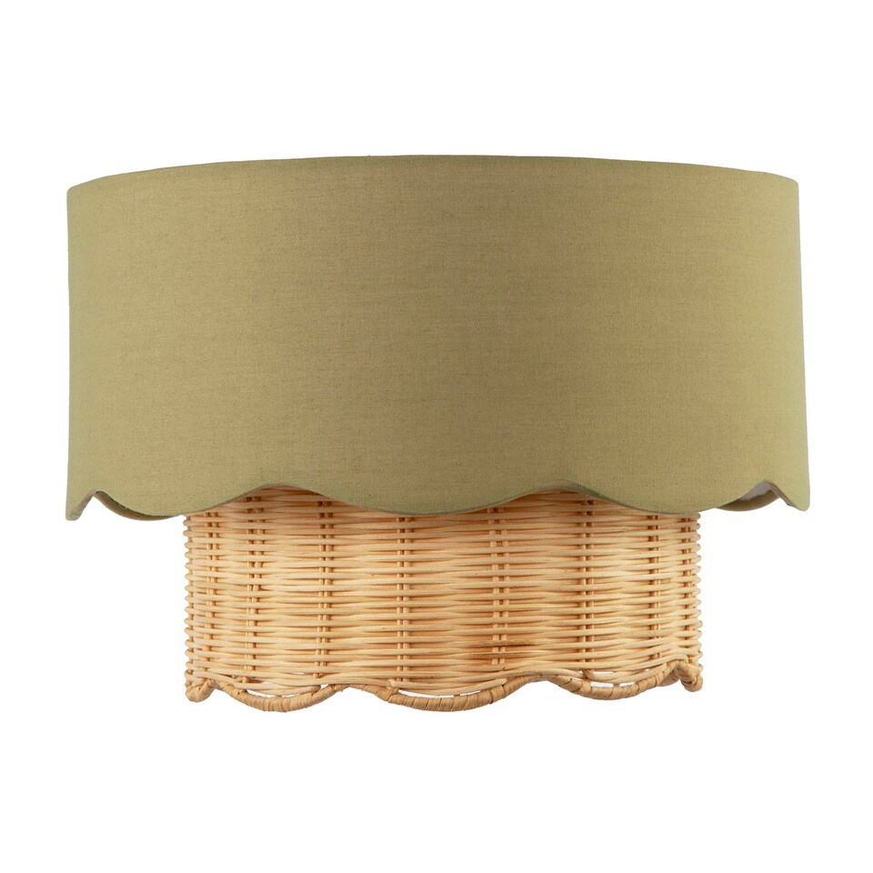 image 1 of Dark Olive Linen Fabric and Natural Rattan Scallop Pendant Lamp Shade Green