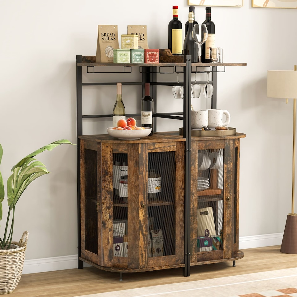 image 1 of COSTWAY Industrial Corner Buffet Bar Cabinet with Glass Holders