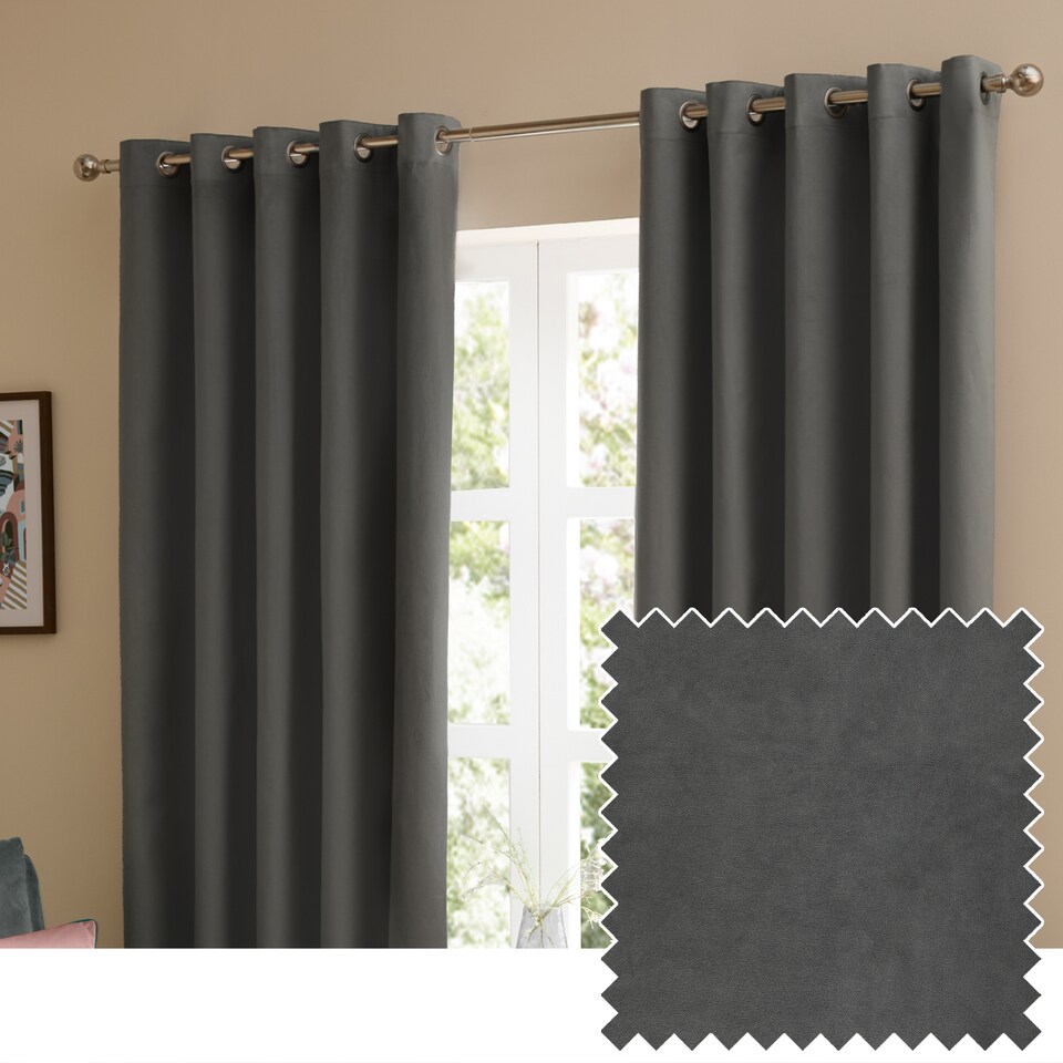 image 1 of furn. The Ultimate Velvet Blackout Eyelet Curtain Pair Charcoal (W)168cmx (D)229cm | Grey | Charcoal | One Size