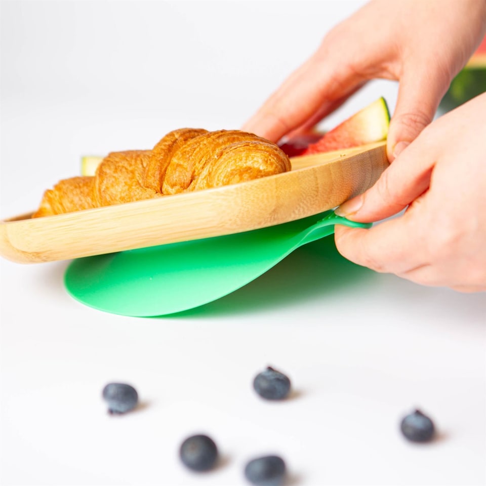 image 1 of Tiny Dining Bamboo Weaning Plate & Fork Set - Segmented/Green - Divided Non-Slip Bamboo Baby Self-Feeding Weaning Plate & Cutlery