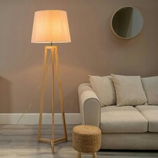 ValueLights Lottie Natural Wood Tripod Floor Lamp with Pink Fabric Tapered Shade and LED Bulb