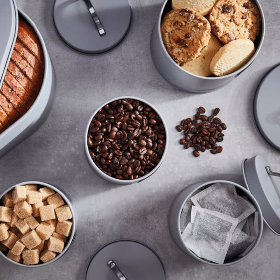 image 1 of Cooks Professional 5 Piece Kitchen Storage Set – Tea, Coffee, Sugar, Bread & Biscuit Tins | Grey | Grey & Silver | 5