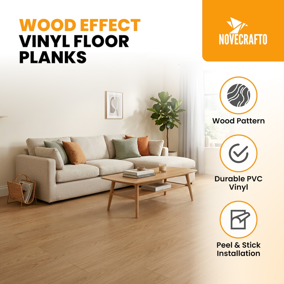 image 1 of NOVECRAFTO Self Adhesive Floor Planks | 5.9x35.9in (91.4x15.2cm) Each | Peel & Stick Vinyl Flooring | Natural Wood Effect | Waterproof DIY Tiles | Brown | 2.78 sqm