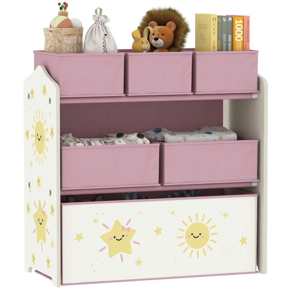 image 1 of AIYAPLAY 3-Tier Kids Storage Shelf with 6 Removable Fabric Boxes | Pink | White | 63L x 30W x 66H cm | 1