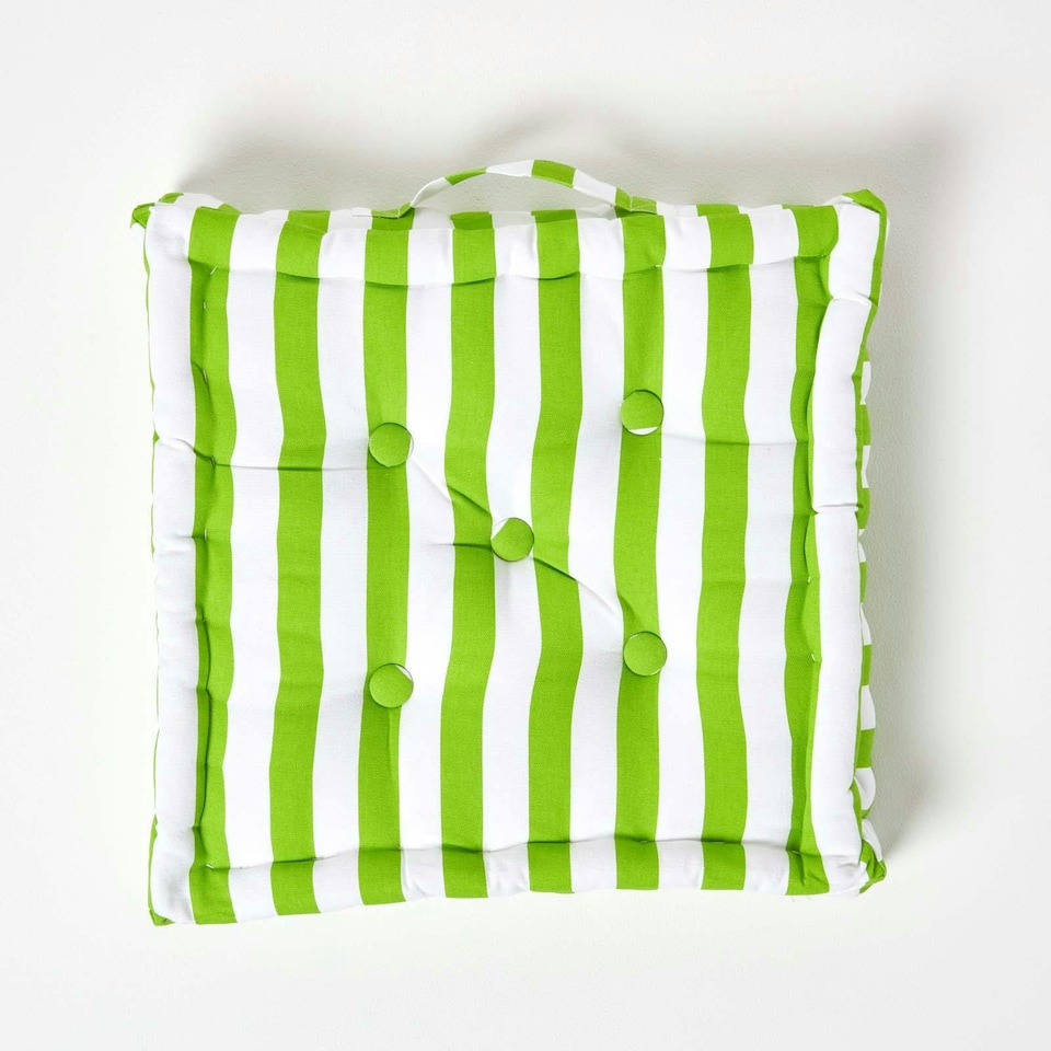 image 1 of Homescapes Cotton Green Thick Stripe Floor Cushion - 50 x 50 cm | Green | 50 x 50 cm